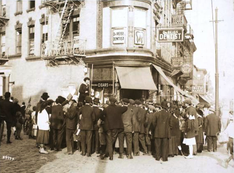 Springfield Avenue
Oct. 18, 1918 at Newark, N.J. On the eve of the poll on the constitutional amendment on franchising women shows Miss Rebecca Hourwich addressing a crowd of voters on the corner of Springfield Avenue & Prince Street. (Photo by Hulton Archive/Getty Images)

